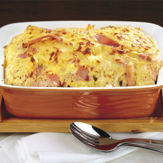 Cauliflower with yellow cheese and boiled ham Thumbnail Image